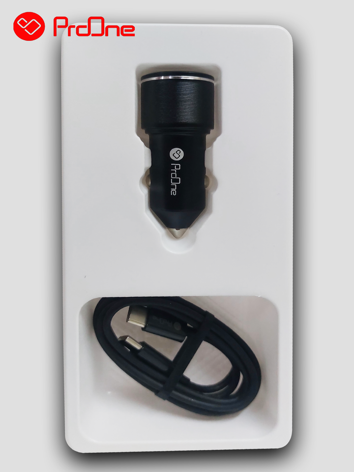 A black color fast Car mobile charger with type c cable witch provide 52.5W current and it have Type C and Type A 3.0 charging plug